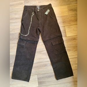 Vintage Hot Topic Baggy Wide Leg Corduroy Cargo Pants 30 With Chain Skater Black